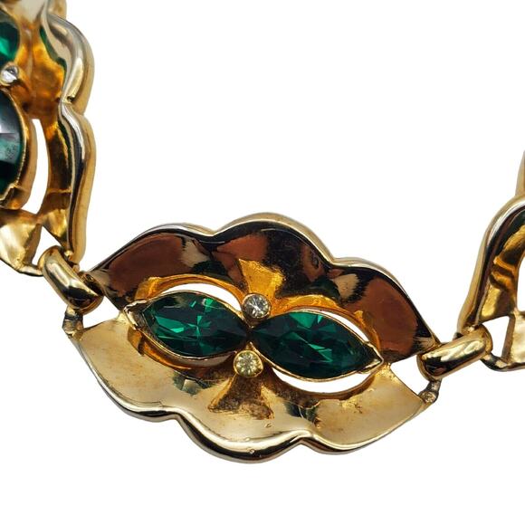 Coro Green Rhinestone Bracelet Gold Vermeil Vintage 40s Oval Link 7" L Corocraft - Picture 3 of 12